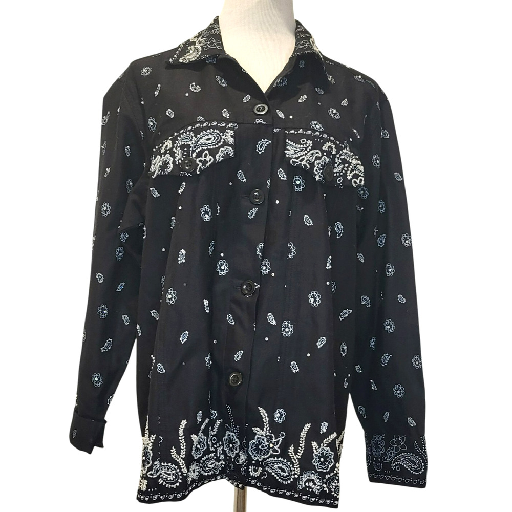 Quacker Factory Black Embroidered Sequined Ligthweight Jacket or Shirt Large